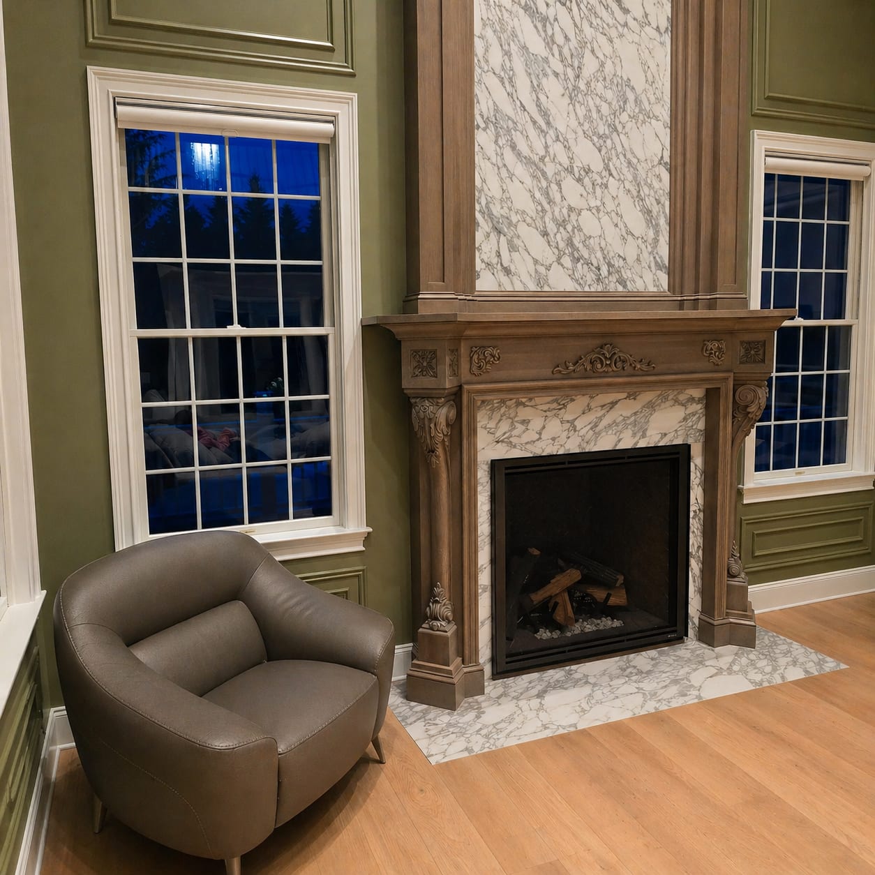Custom marble fireplace family room renovation by Samm Construction