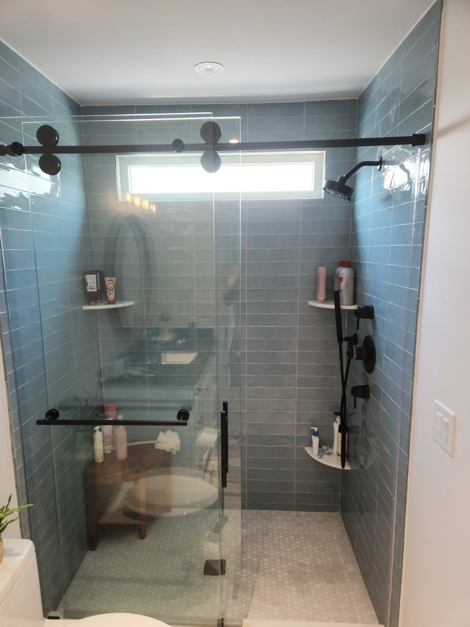Blue-glass tile shower