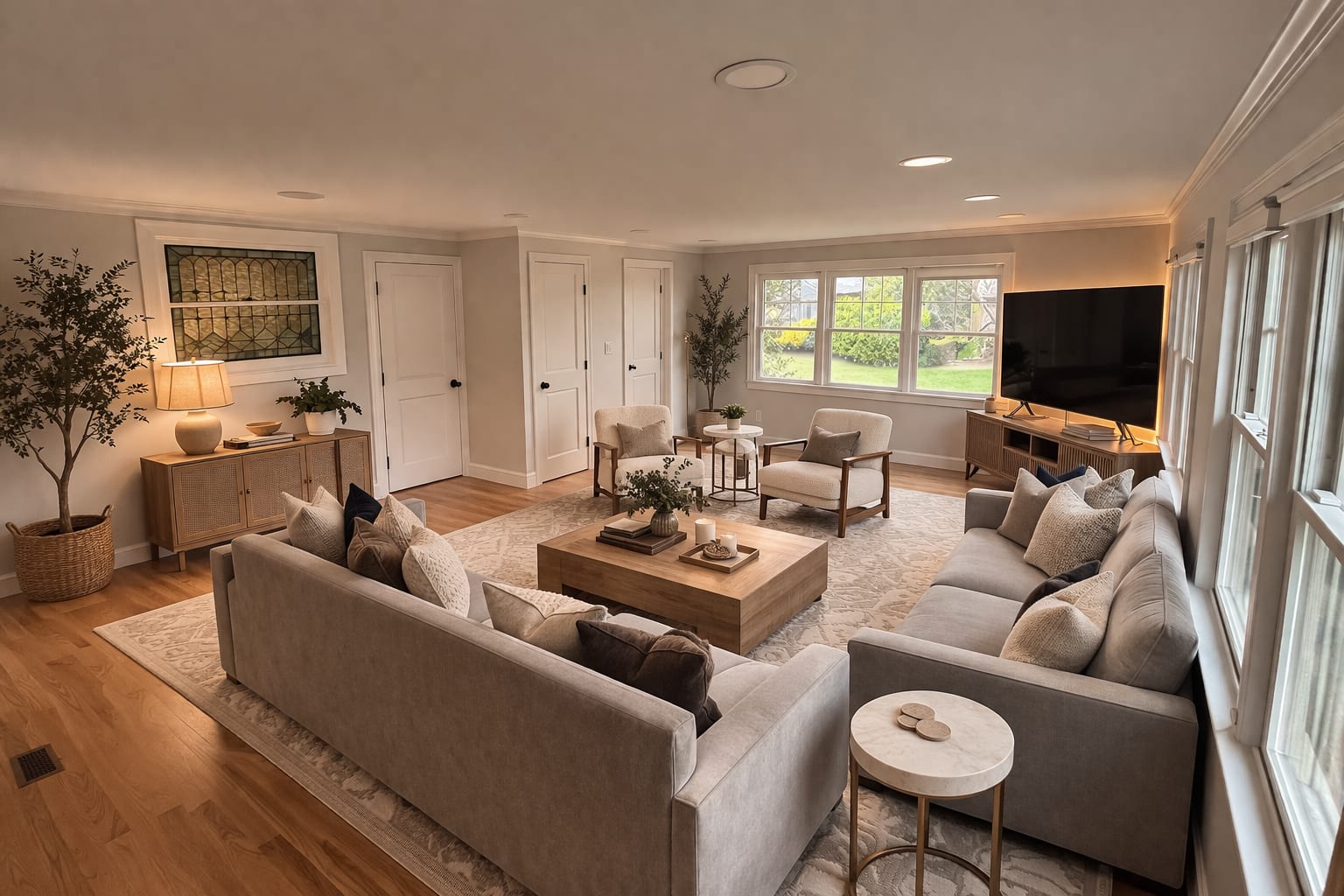Modern living room with neutral palette and large windows